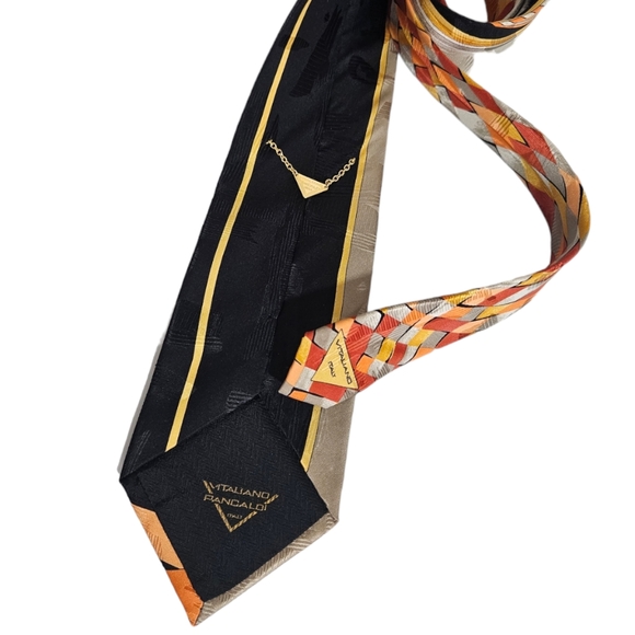 VITALIANO PANCALDI XL Orange/Beige Geometric Art Silk LUXURY Tie ITALY - Picture 2 of 6